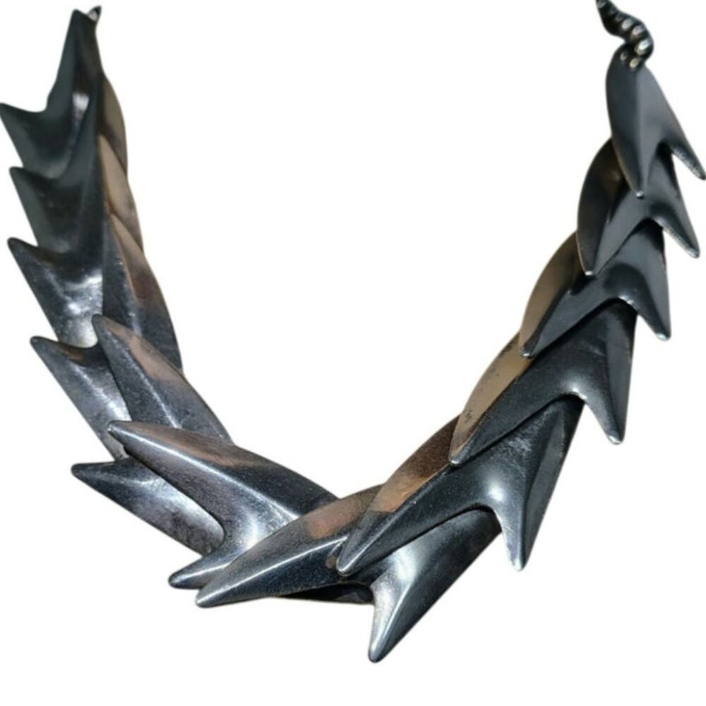 Vintage 80s Modernist Brutalist Silver-Tone Spike Collar Statement Necklace Edgy